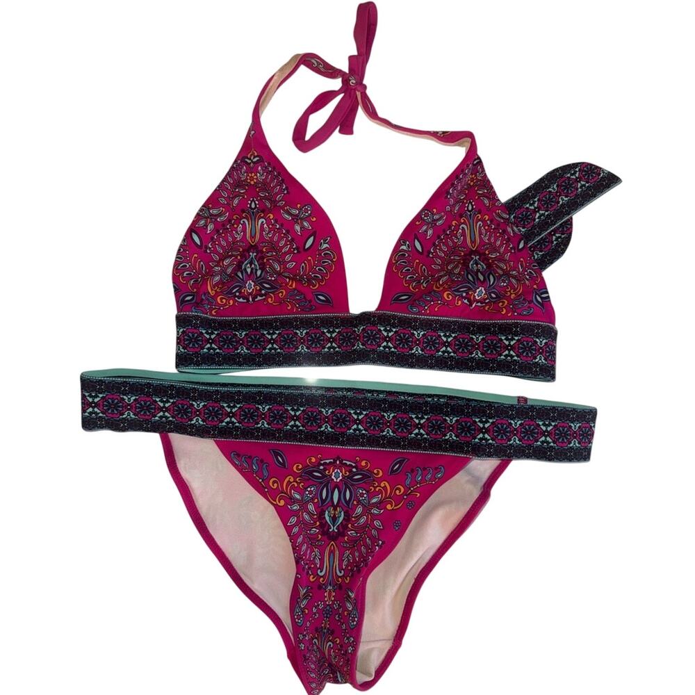 VINTAGE VICTORIAS SECRET Y2K Boho Paisley halter bikini w mandala borders M